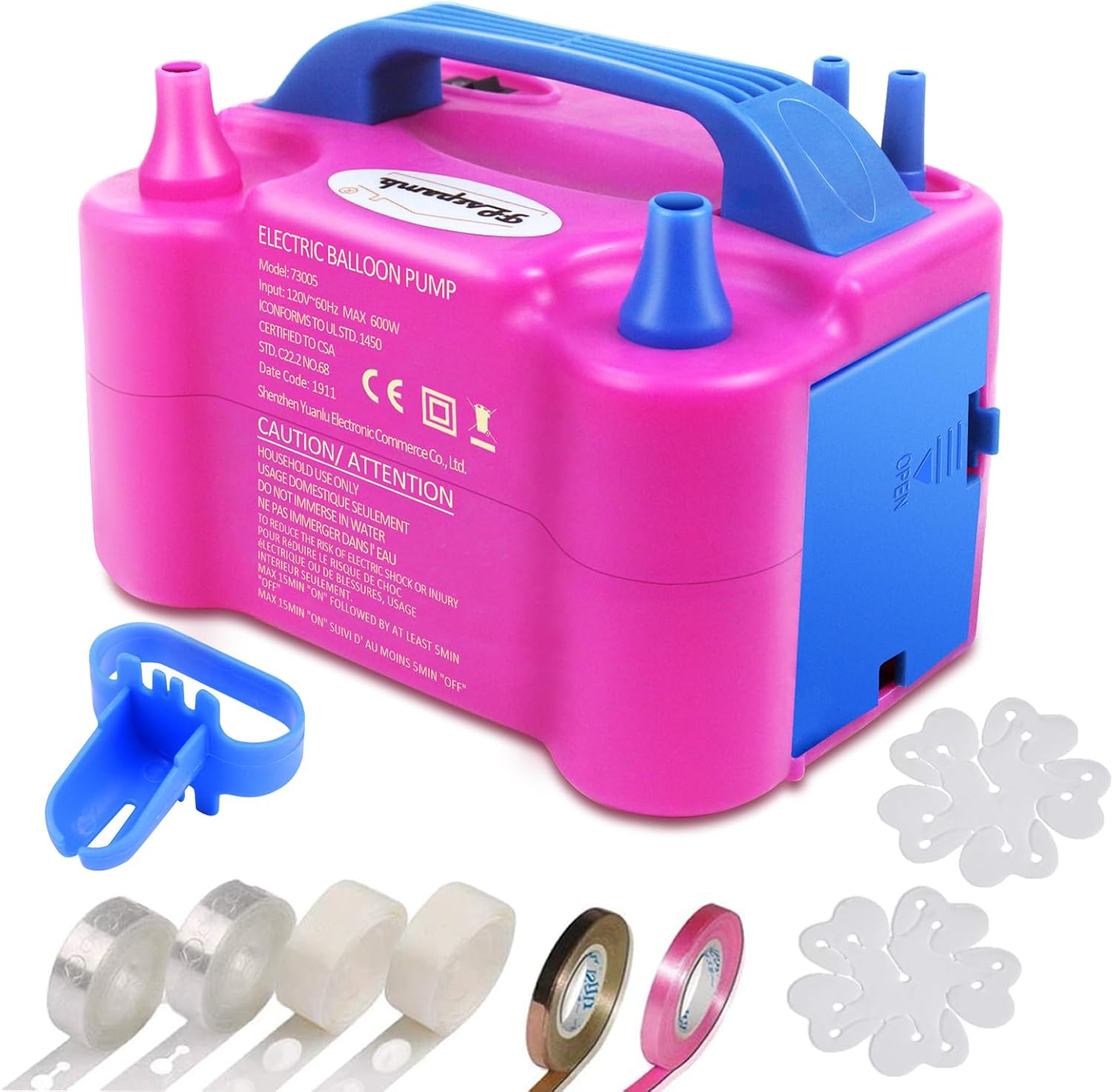 Balloon Pump, Portable Dual Nozzles Electric Air Pump 110V 600W With Tying Tool, Flower Clips, Tape Strips, Dot Glues for Party Decoration